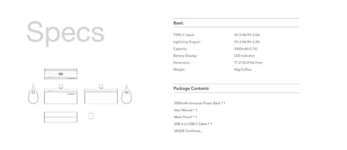 VEGER powerbank 5000 mAh z wbudowanym złączem Lightning PD QC3.0 3A 20W PlugOn (W0556P) czarny