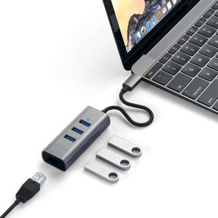 Satechi Aluminium Hub 2in1 - aluminiowy Hub do laptopów i komputerów stacjonarnych USB-C (3x USB-A, Ethernet) (space gray)
