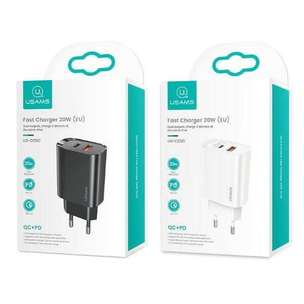Ładowarka Sieciowa USAMS 1xUSB-C 1xUSB T35 PD3.0 QC3.0 20W Fast Charging CC121TC02 US-CC121 Czarny