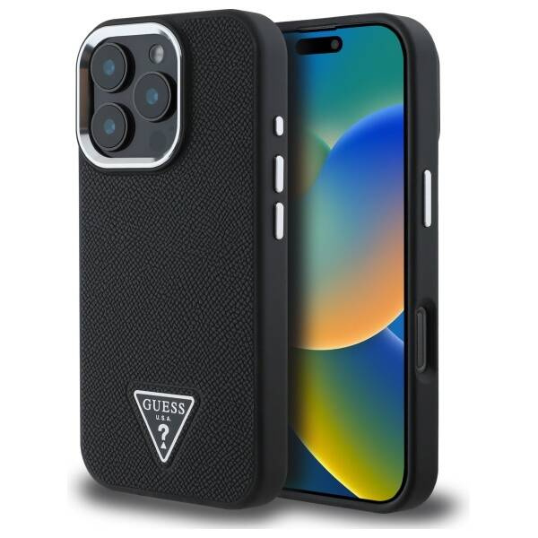 Etui Guess iPhone 16 Pro Max czarny/black hardcase Grained Triangle MagSafe