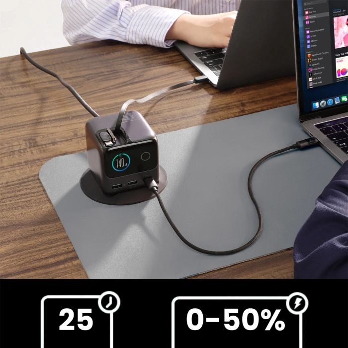 Ładowarka biurkowa Joyroom Podix JR-TRD01 GaN 140W z 5 portami i podwójnymi zwijanymi kablami - szara