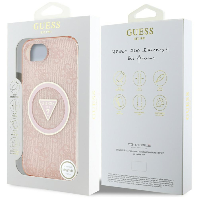 Etui Guess IML Metal Glitter 4G Circle   Triangle MagSafe do iPhone 16e różowy