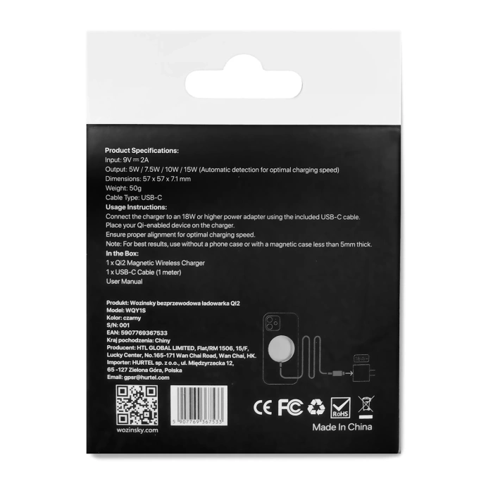 Ładowarka indukcyjna Wozinsky 15W bezprzewodowa Qi2  - czarna