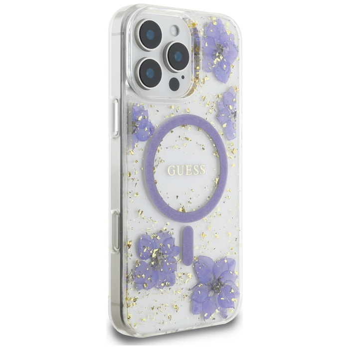 Etui Guess Resin Flowers MagSafe do      iPhone 16 Pro fioletowy