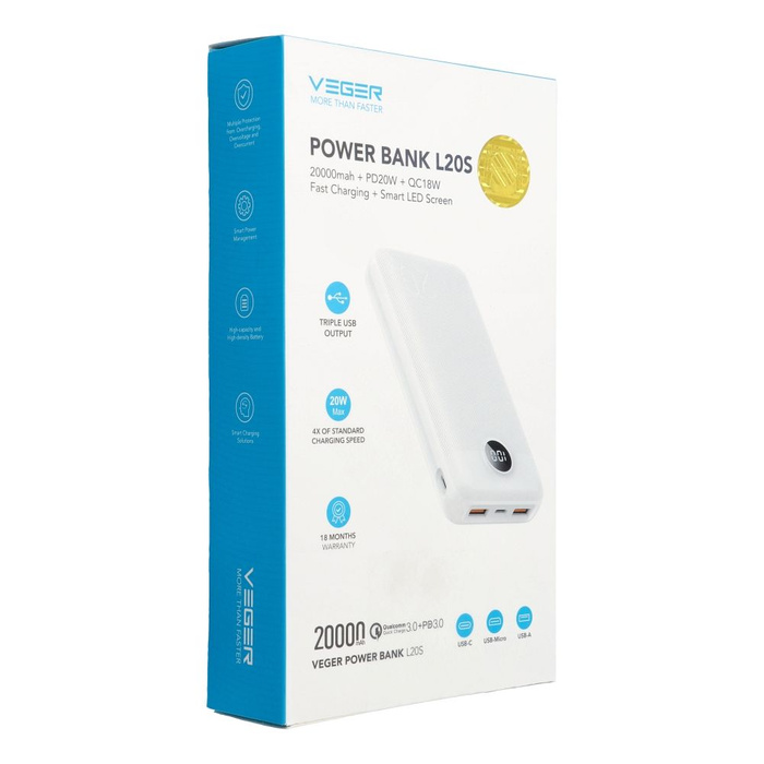VEGER powerbank 20000 mAh PD QC3.0 2A 20W L20S (VP2039PD / W2039PD) biały