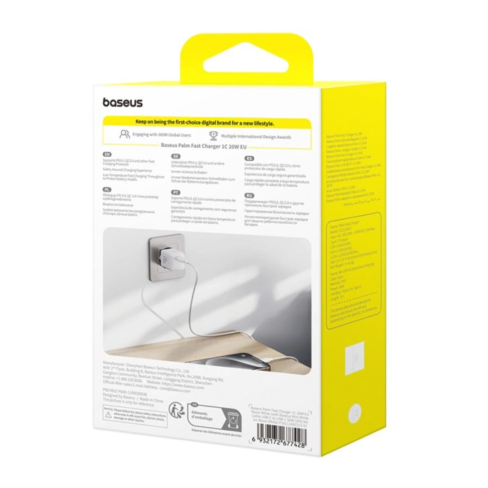 Ładowarka sieciowa Baseus Palm 1C 20W (z kablem Baseus Mini White USB-C 60W (20V/3A) 1m) - biała