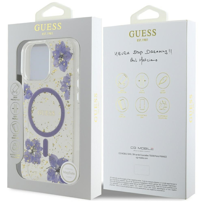Etui Guess Resin Flowers MagSafe do      iPhone 16 Pro fioletowy