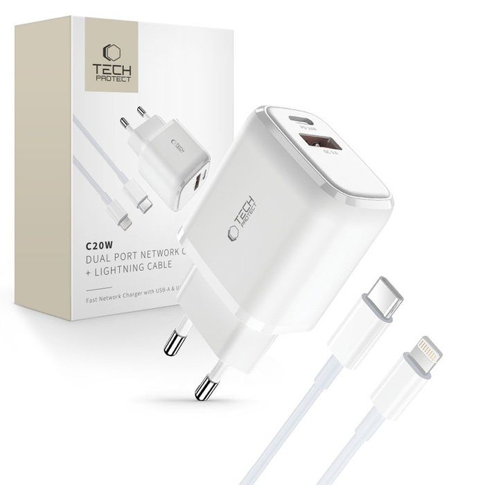 ŁADOWARKA TECH-PROTECT C20W 2-PORT NETWORK CHARGER PD20W/QC3.0 + LIGHTNING CABLE WHITE