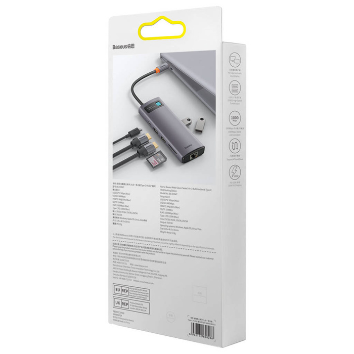 Baseus Metal Gleam Series stacja dokująca HUB 9 w 1 USB Typ C - 2 x HDMI /  2 x USB 3.2 Gen. 1 / 1 x USB 2.0 / 1 x Power Delivery / 1 x czytnik kart SD / 1 x czytnik kart TF / 1 x RJ-45 szary (WKWG060013)