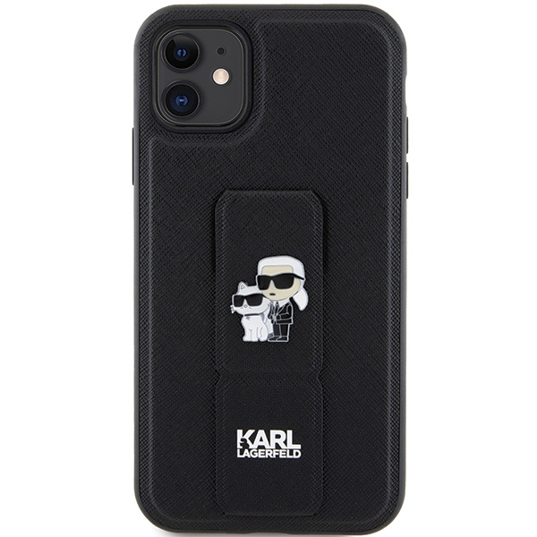 Etui Karl Lagerfeld KLHCN61GSAKCPK iPhone 11 / Xr 6.1" czarny/black hardcase Gripstand Saffiano Karl&Choupette Pins Case