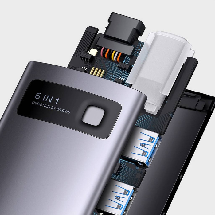 Stacja dokująca HUB Baseus Metal Gleam Series 6 w 1 USB Typ C - 3 x USB 3.2 Gen. 1 / 1 x Power Delivery / 1 x czytnik kart SD / 1 x czytnik kart TF szary (WKWG030213)