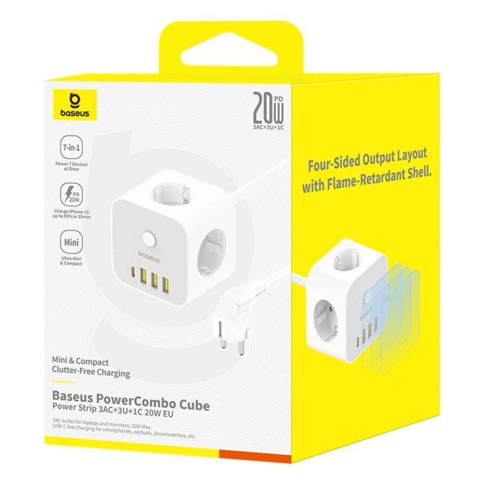 Kostka listwa zasilająca Baseus PowerCombo 7 w 1, 3 AC + 3 x USB-A + 1 x USB-C 20W 1,5 m - biała