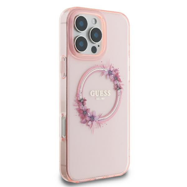 Etui Guess iPhone 16 Pro 6.3" różowy/pink hardcase IML Flowers Wreath MagSafe