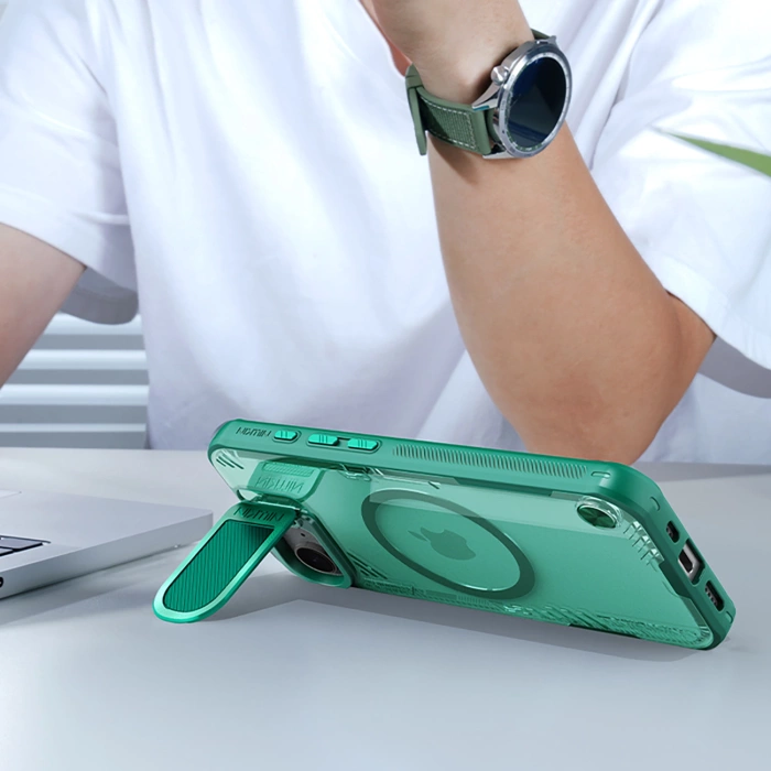 Etui Nillkin iPhone 16e Iceblade Prop Magnetic z osłoną na aparat i podstawką Zielone