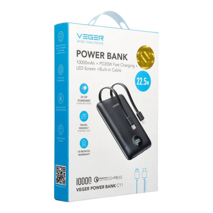 VEGER powerbank 10000 mAh z wbudowanymi kablami Typ C / Lightning PD QC3.0 2A 22,5W C11 (W1170) czarny