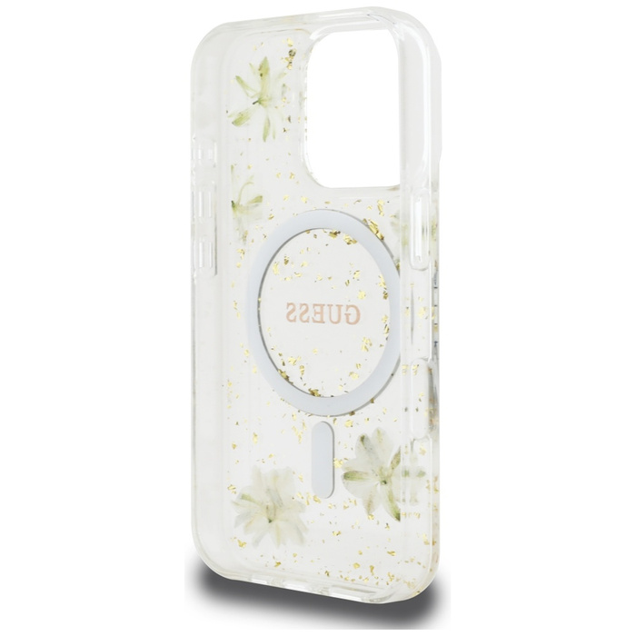 Etui Guess Resin Flowers Glitter MagSafe do iPhone 16 Pro Max beżowy