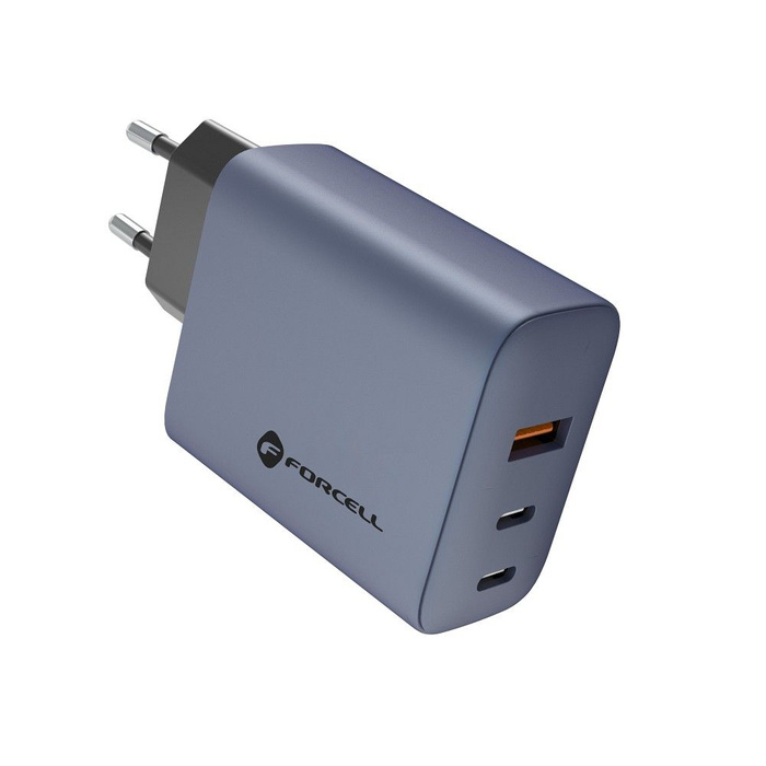 Ładowarka sieciowa do telefonu Forcell F-Energy GaN 2 x USB C + USB A QC4.0 PD 4A 65W VT-42B szara