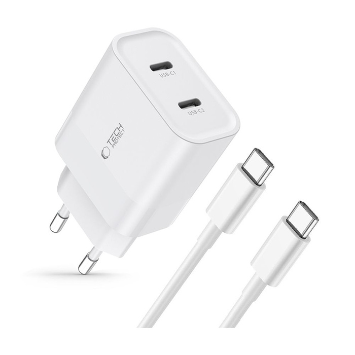 ŁADOWARKA TECH-PROTECT C20W 2-PORT NETWORK CHARGER PD20W + USB-C CABLE WHITE