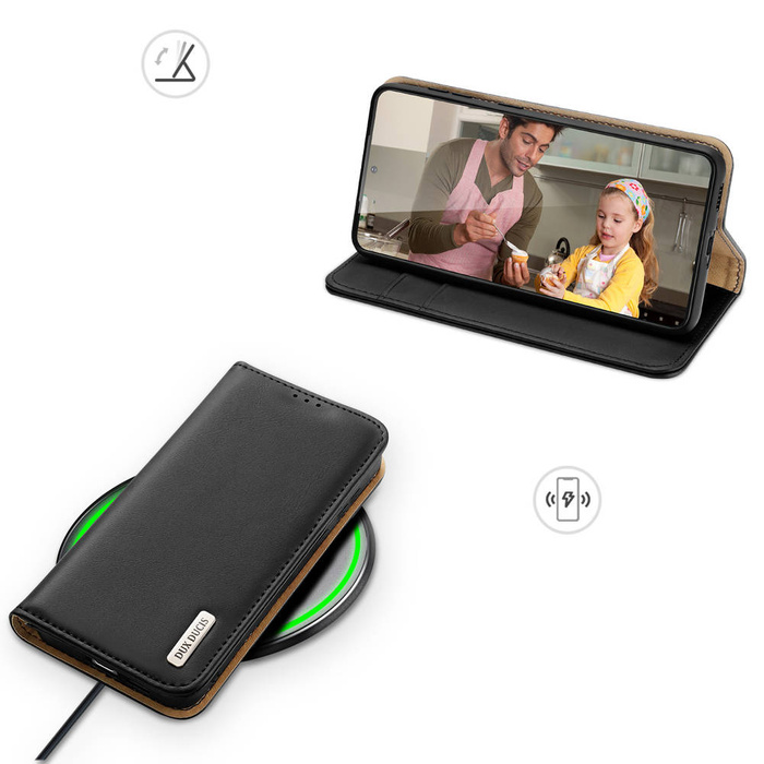 Dux Ducis Hivo skórzane etui z klapką pokrowiec ze skóry naturalnej portfel na karty i dokumenty Samsung Galaxy S22+ (S22 Plus) czarny