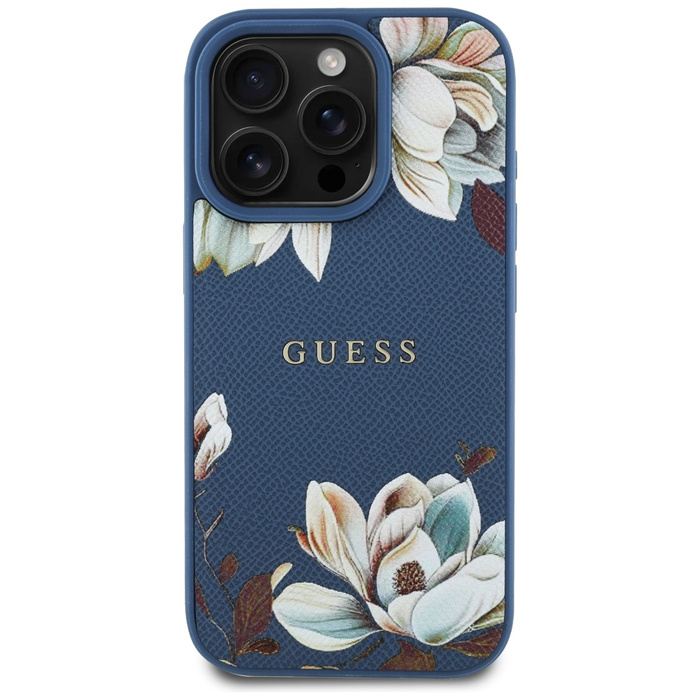 Etui Guess Grained Printed Flower         Pattern MagSafe do iPhone 16 Pro niebieski