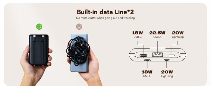 VEGER powerbank 10000 mAh z wbudowanymi kablami Typ C / Lightning PD QC3.0 2A 22,5W C11 (W1170) czarny