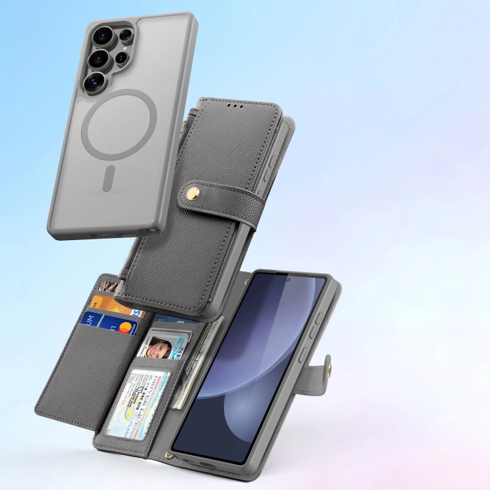 Etui skórzane Dux Ducis Lawa na Samsung Galaxy S25 Ultra z odłączanym portfelem magnetycznym - szare