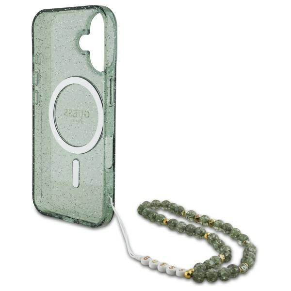 Etui Guess iPhone 16 6.1" zielony/green hardcase IML Glitter With Pearl Strap MagSafe