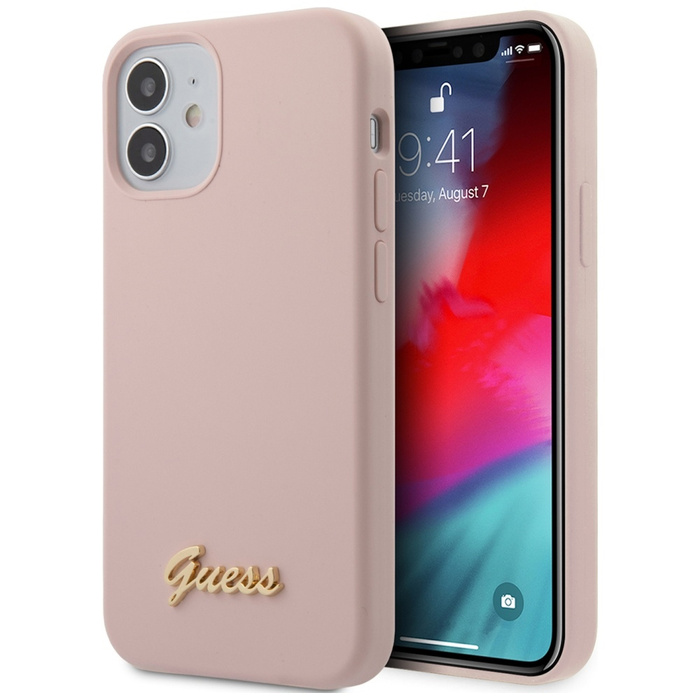 Etui GUESS Apple iPhone 12 Mini Silicone Script Gold Logo Jasnoróżowy Hardcase