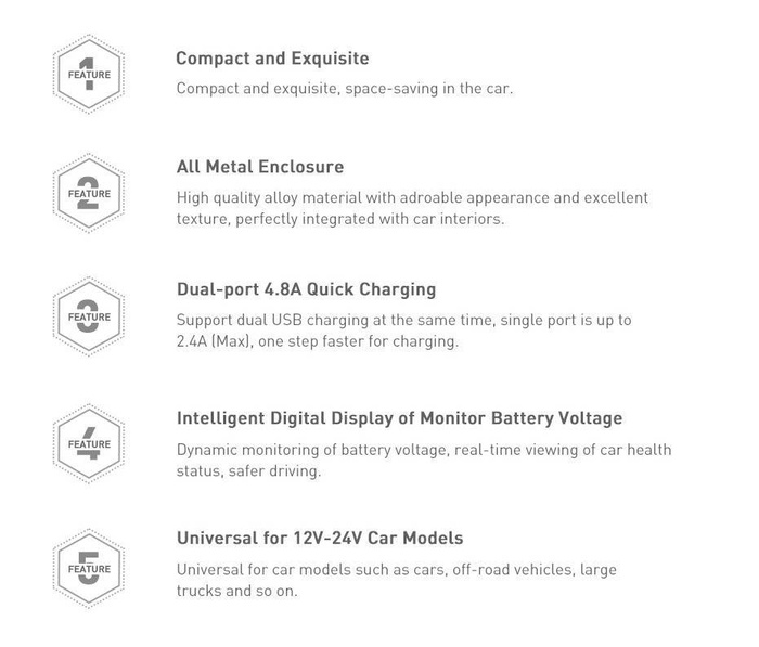 Baseus ładowarka samochodowa 2x USB 4,8A 24W z LCD + kabel 3w1 USB - USB Typ C / micro USB / Lightning 1,2m czarny