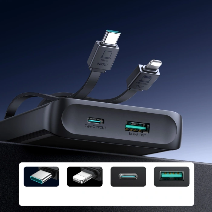 Powerbank Joyroom JR-PBF19 22.5W 10000mAh z dwoma wbudowanymi kablami - czarny