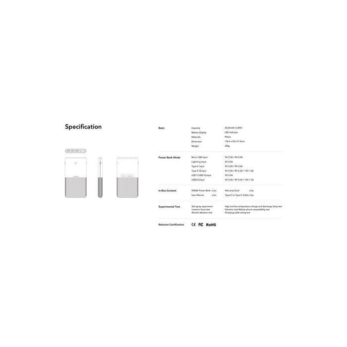 VEGER powerbank 20000 mAh PD QC3.0 3A 20W S22 (W2060) czarny