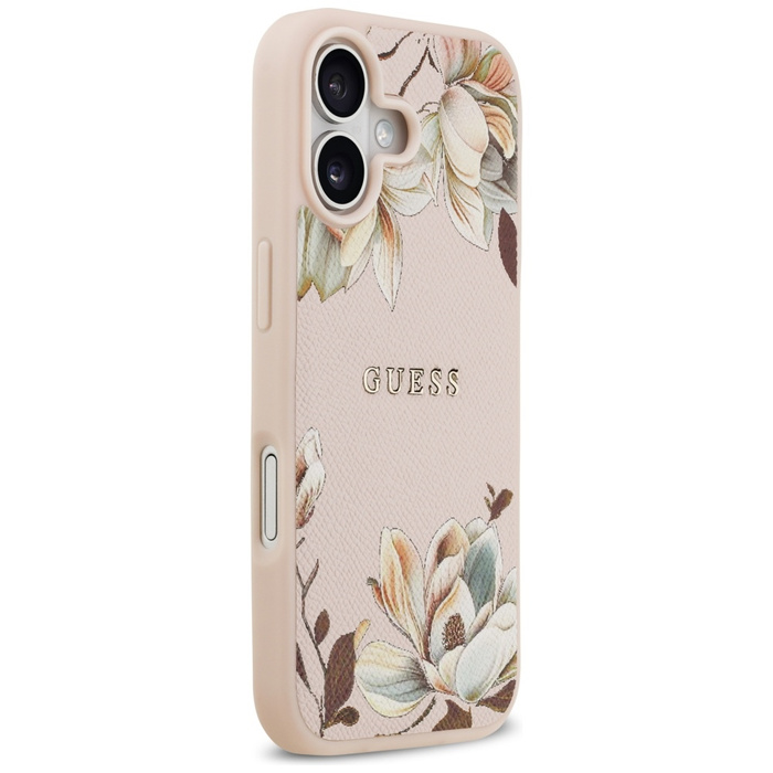 Etui Guess Grained Flowers Classic Logo  MagSafe do iPhone 17 różowy