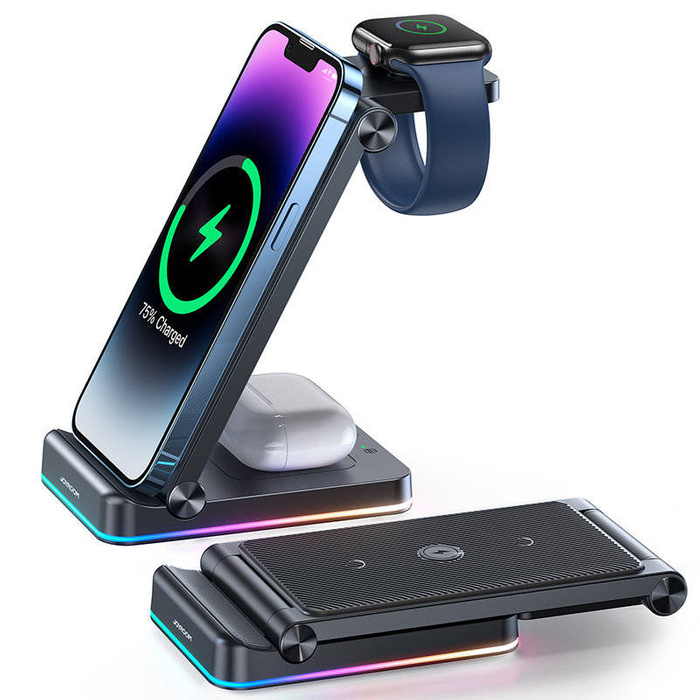 Joyroom 3w1 ładowarka indukcyjna do telefonu, smartwtcha, słuchawek TWS (do 15W) podstawka stojak czarna (JR-WQN01)