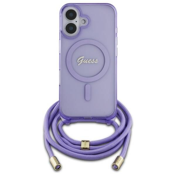 Etui Guess iPhone 16 fioletowy/purple hardcase Crossbody Cord Script MagSafe