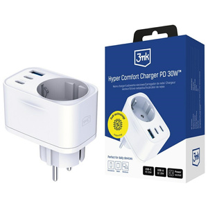 Adapter sieciowy 3MK Hyper Comfort       Charger 30W 1xUSB-A 2xUSB-C 1xSchuko PD QC3.0 biały