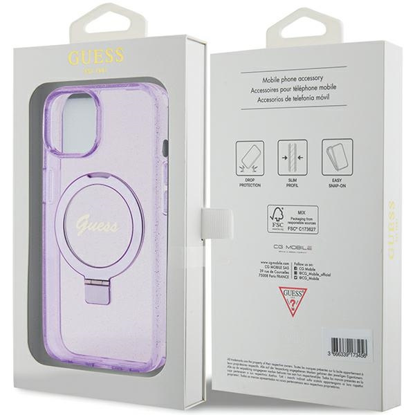 Etui Guess GUHMP15SHRSGSU iPhone 15 6.1" fioletowy/purple hardcase Ring Stand Script Glitter MagSafe Case