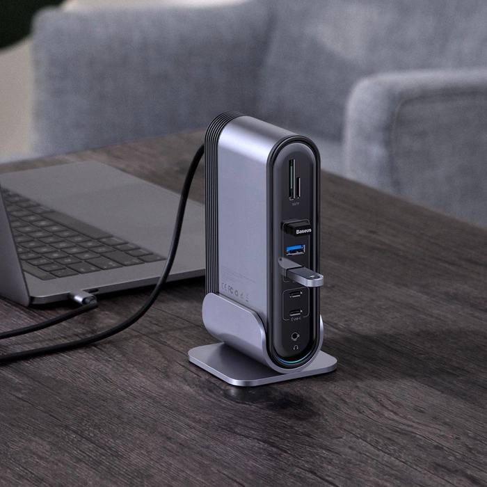 [PO ZWROCIE] HUB Baseus CAHUB-DG0G 3x USB 3.2 Gen 1 / 2x USB-A / 2x USB-C / czytnik kart SD, micro SD / AUX / 3x HDMI / RJ45 PD 100W (wtyczki EU / CN / UK) - szary