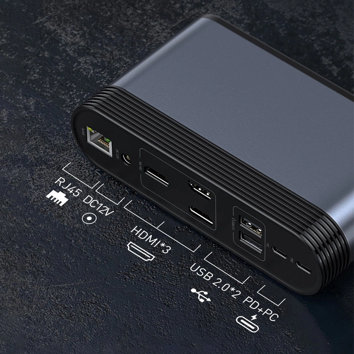 [PO ZWROCIE] HUB Baseus CAHUB-DG0G 3x USB 3.2 Gen 1 / 2x USB-A / 2x USB-C / czytnik kart SD, micro SD / AUX / 3x HDMI / RJ45 PD 100W (wtyczki EU / CN / UK) - szary