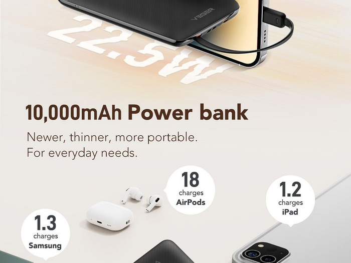 Powerbank Veger C11 (W1170) PD QC3.0 2A 22,5W 10 000 mAh z wbudowanymi kablami USB C / Lightning czarny