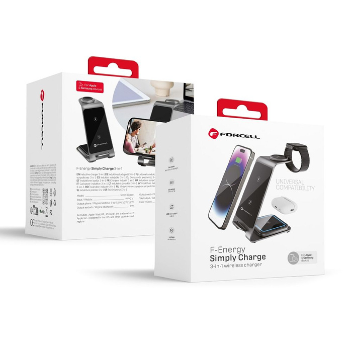 Ładowarka indukcyjna Forcell F-Energy 3w1 Simply Charge aluminiowa kompatybilna z Apple Watch i Samsung Watch szara