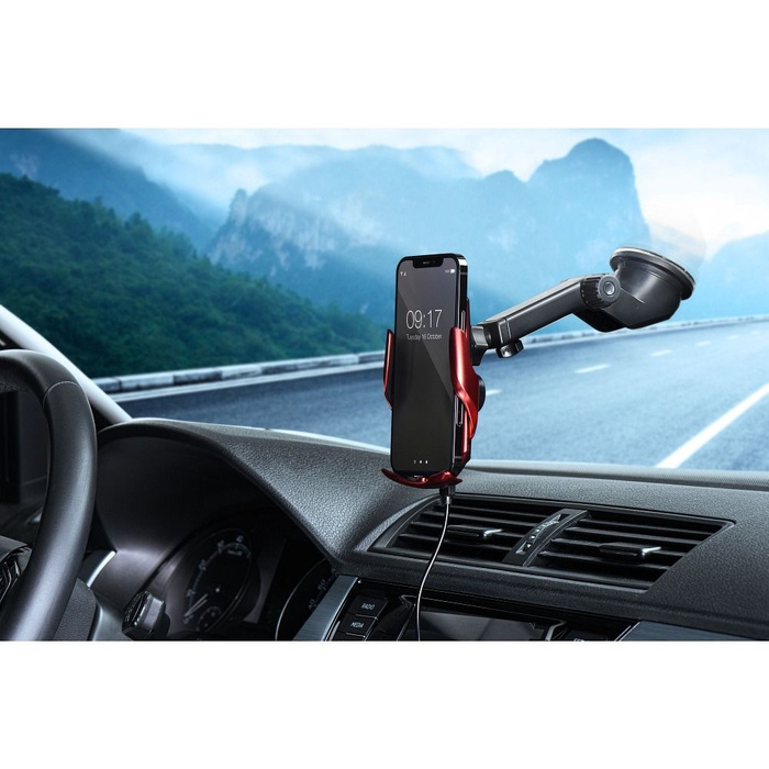 Uchwyt na telefon do samochodu indukcyjny automatyczny Forcell F-Grip HS1 Qi 15W do szyby / kratki czerwony