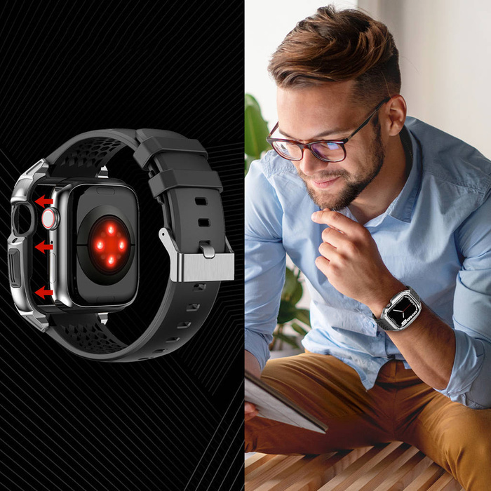 Pasek Kingxbar CYF148 2w1 pasek Apple Watch Ultra, SE, 8, 7, 6, 5, 4, 3, 2, 1 (49, 45, 44, 42  mm) z wbudowanym pancernym etui ze stali nierdzewnej srebrny
