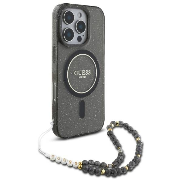 Etui Guess iPhone 16 Pro 6.3" czarny/czarny hardcase IML Glitter With Pearl Strap MagSafe