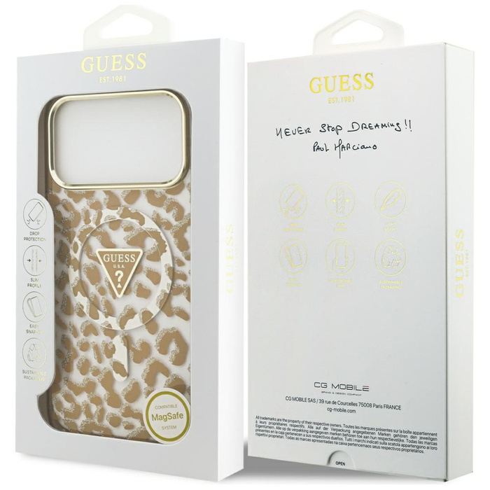 Etui Guess Leopard Glitter MagSafe do    iPhone 17 Pro Max brązowy