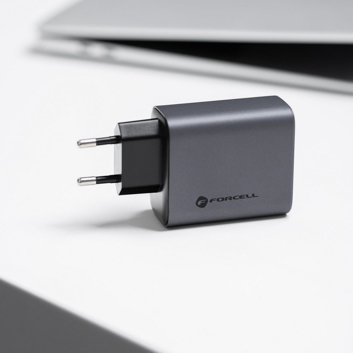 Ładowarka sieciowa do telefonu Forcell F-Energy GaN 2 x USB C + USB A QC4.0 PD 4A 65W VT-42B szara