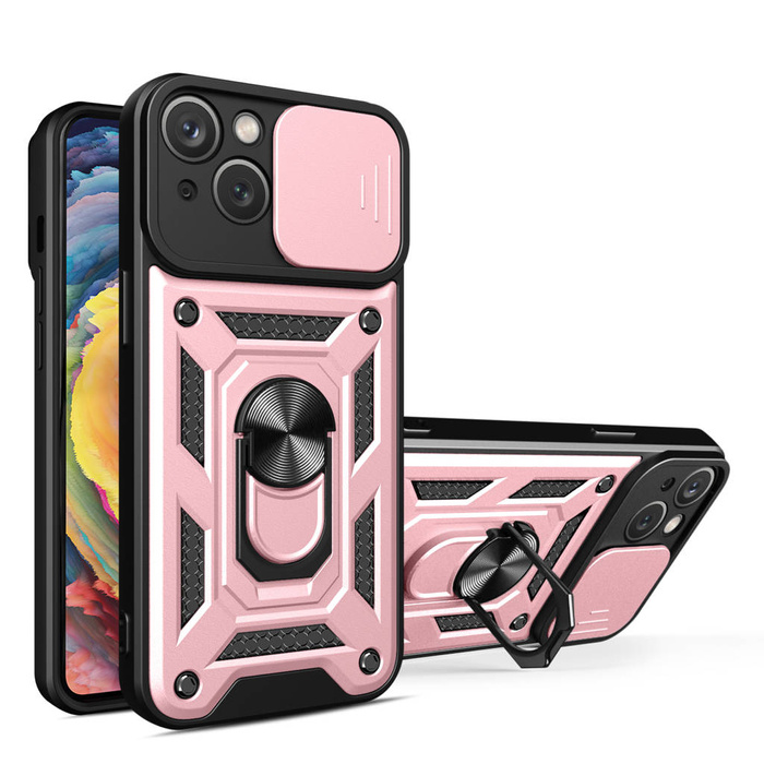 Etui Pancerne etui z podstawką i osłoną aparatu do iPhone 15 Plus Hybrid Armor Camshield - różowe Case