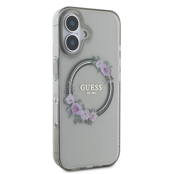 Etui Guess iPhone 16 6.1" czarny/black hardcase IML Flowers Wreath MagSafe