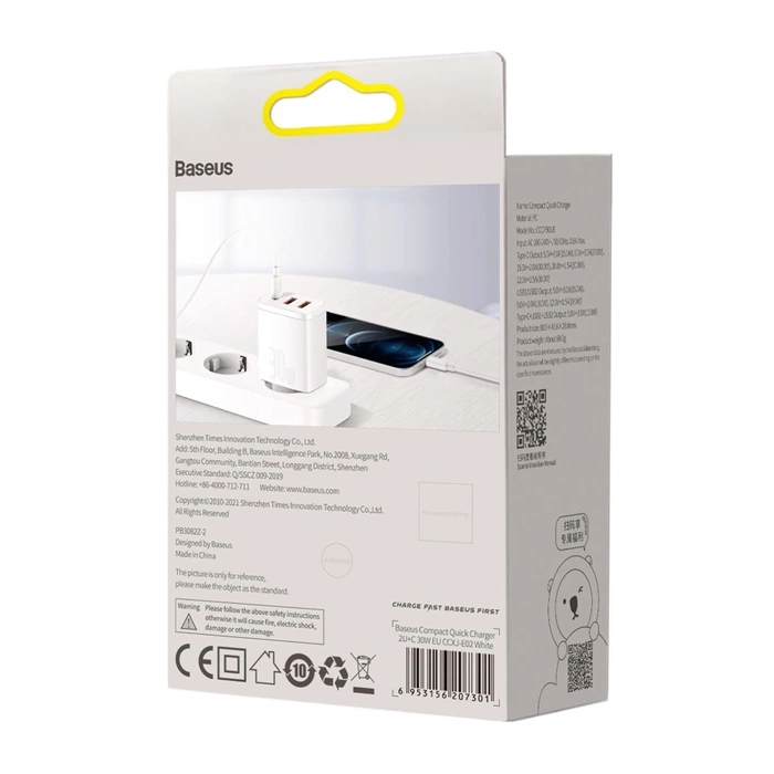 Baseus Compact szybka ładowarka sieciowa 2x USB / USB Typ C 30W 3A Power Delivery Quick Charge biały (CCXJ-E02)