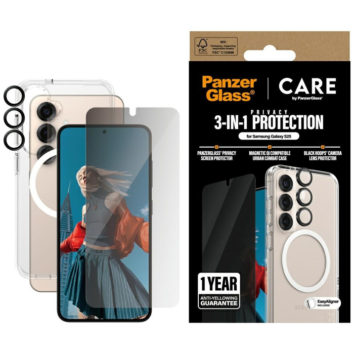 Zestaw ochronny CARE by PanzerGlass       Flagship 3w1 Etui+Szkło Prywatyzujące+Lens do Samsung Galaxy S25