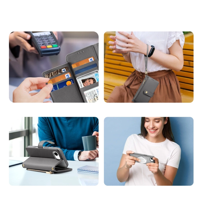 Etui skórzane Dux Ducis Lawa na iPhone 16e z odłączanym portfelem magnetycznym - szare